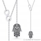 Hamsa Hand Evil Eye Charm Pendant Infinity Lariat Y-Necklace in Sterling Silver