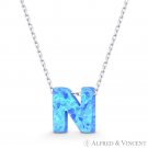 Initial Letter "N" Blue Lab-Opal 10mm Pendant 925 Sterling Silver Chain Necklace