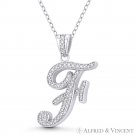 Initial Letter "F" Cursive Script CZ Crystal 925 Sterling Silver Rhodium Pendant