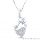 Heart Dolphin CZ Crystal 925 Sterling Silver Rhodium Necklace Pendant Love Charm