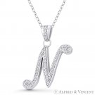 Initial Letter "N" Cursive Script CZ Crystal 925 Sterling Silver Rhodium Pendant Initial Letter "N" Cursive Script CZ Crystal 925 Sterling Silver Rhodium Pendant