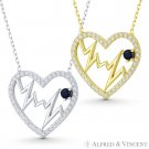 Heart Beat Zigzag Lifeline Charm Pendant CZ Crystal 925 Sterling Silver Necklace