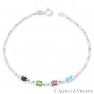 Purple Green Pink Blue CZ Crystal Figaro Italy Chain .925 Sterling Silver Anklet