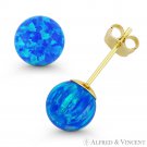 Fiery Pacific Blue Synthetic Opal Ball Pushback Stud Earrings in 14k Yellow Gold