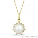 6mm White Freshwater Pearl & CZ Crystal Halo Necklace Pendant in 14k Yellow Gold 6mm White Freshwater Pearl & CZ Crystal Halo Necklace Pendant in 14k Yellow Gold