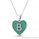 Initial Letter B CZ & Turquoise Heart Charm 925 Sterling Silver Necklace Pendant