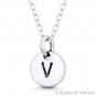 Initial Letter "V" 11mmx8mm Tiny Round Disc .925 Sterling Silver Charm / Pendant