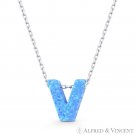 Initial Letter "V" Blue Lab-Opal 10mm Pendant 925 Sterling Silver Chain Necklace