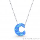 Initial Letter "C" Blue Lab-Opal 10mm Pendant 925 Sterling Silver Chain Necklace