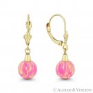 Fiery Royal Pink Lab Opal Round Ball 14k Yellow Gold Leverback Dangling Earrings