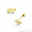 Tiny Tortoise / Turtle Animal Charm CZ Crystal Stud Earrings in 14k Yellow Gold