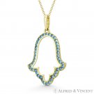 Hamsa Hand Evil Eye Luck CZ Crystal Faux Blue Topaz Pendant in  14k Yellow Gold