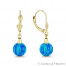 Fiery Pacific Blue Lab Opal Rnd Ball 14k Yellow Gold Leverback Dangling Earrings