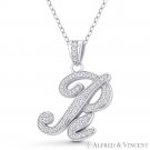 Initial Letter "R" Cursive Script CZ Crystal 925 Sterling Silver Rhodium Pendant