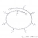 9x6mm Latin Cross & 3mm Rolo Link Chain Italy .925 Sterling Silver Charm Anklet