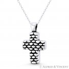 Rustic Scale-Pattern Christian Cross Charm Pendant Oxidized .925 Sterling Silver