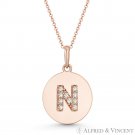 Initial Letter "N" CZ Crystal 14k Rose Gold 18x12mm Round Disc Necklace Pendant