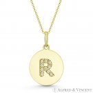 Initial Letter R CZ Crystal 14k Yellow Gold 18x12mm Round Disc Necklace Pendant