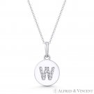 Initial Letter "W" CZ Crystal 14k White Gold 15x9mm Round Disc Necklace Pendant