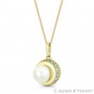 6.5mm Freshwater White Pearl CZ Crystal Crescent Moon Pendant in 14k Yellow Gold 6.5mm Freshwater White Pearl CZ Crystal Crescent Moon Pendant in 14k Yellow Gold
