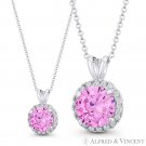 Faux Tourmaline Pink & Clear Round Cut CZ Crystal 14k White Gold 12x8mm Pendant