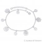 12mm & 8mm Flower w/ 2mm Rolo Link Chain Italy .925 Sterling Silver Charm Anklet