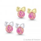 4mm Fiery Royal-Pink Opal & Ribbon Bow 14k White Yellow Gold 6x6mm Stud Earrings