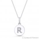 Initial Letter "R" CZ Crystal 14k White Gold 15x9mm Round Disc Necklace Pendant Initial Letter "R" CZ Crystal 14k White Gold 15x9mm Round Disc Necklace Pendant