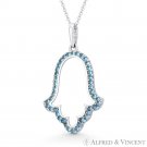 Hamsa Hand Evil Eye Charm Simulated Blue Topaz CZ Crystal 14k White Gold Pendant