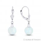 Fiery White Lab Opal Round Ball 14k White Gold Leverback-Post Dangling Earrings