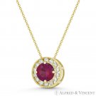Faux Ruby Red & Clear Round CZ Crystal Halo 14k Yellow Gold 9mm Slider Pendant