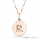 Initial Letter "R" CZ Crystal 14k Rose Gold 18x12mm Round Disc Necklace Pendant