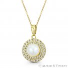 6mm (1/4") Freshwater White Pearl CZ Crystal Double Halo 14k Yellow Gold Pendant