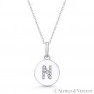 Initial Letter "N" CZ Crystal 14k White Gold 15x9mm Round Disc Necklace Pendant