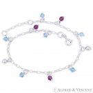 Crystal, Hollow Ball & 2.2mm Oval Chain Italy .925 Sterling Silver Charm Anklet