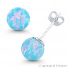 Fiery Azure Blue Synthetic Opal Ball Push-back Stud Earrings in 14k White Gold