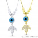 Evil Eye Bead & CZ Crystal Maple Leaf Charm Pendant 925 Sterling Silver Necklace