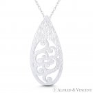 Textured Tear-Drop & Swirl Charm .925 Sterling Silver 37x18mm Statement Pendant