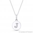 Initial Letter "J" CZ Crystal 14k White Gold 15x9mm Round Disc Necklace Pendant