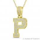 Initial Letter "P" Block Script CZ Crystal .925 Sterling Silver & 14k GP Pendant