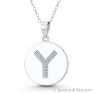 Initial Letter "Y" CZ Crystal 925 Sterling Silver Rhodium 27x18mm Circle Pendant