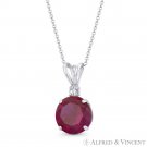 Faux Ruby Red & Clear Round Cut CZ Crystal Solid 14k White Gold 15mmx8mm Pendant