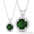 Faux Emerald Green & Clear Round Cut CZ Crystal 14x9mm Pendant in 14k White Gold