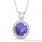 Round Cut Simulated Amethyst & Cubic Zirconia CZ Halo Pendant in 14k White Gold