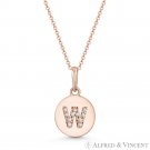 Initial Letter "W" CZ Crystal 14k Rose Gold 15mmx9mm Round Disc Necklace Pendant