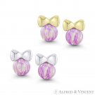 4mm Angel-Skin Pink Opal & Ribbon Bow 14k White Yellow Gold 6x6mm Stud Earrings