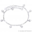 Puffed Hearts Ringing Balls & Fancy Link Chain .925 Sterling Silver Charm Anklet Puffed Hearts Ringing Balls & Fancy Link Chain .925 Sterling Silver Charm Anklet