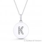 Initial Letter "K" CZ Crystal 14k White Gold 18x12mm Round Disc Necklace Pendant