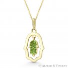Double Hamsa Hand Evil Eye Green CZ Crystal Faux Emerald 14k Yellow Gold Pendant