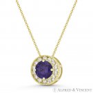Round Simulated Amethyst Cubic Zirconia Halo 14k Yellow Gold 9mm Slider Pendant Round Simulated Amethyst Cubic Zirconia Halo 14k Yellow Gold 9mm Slider Pendant